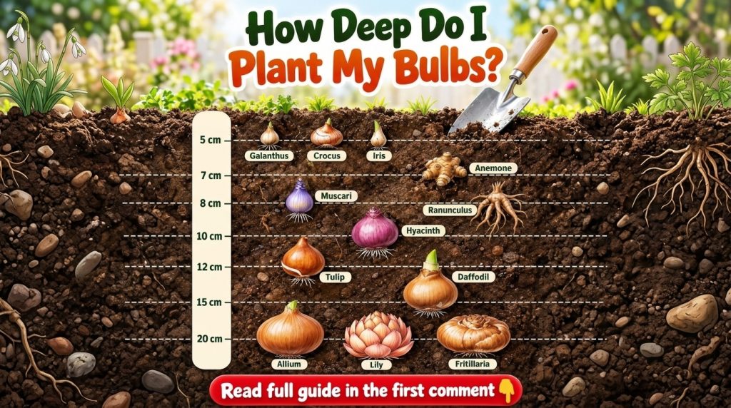 An infographic showing different flower bulbs planted at their correct depths in a soil cross-section with roots and sho