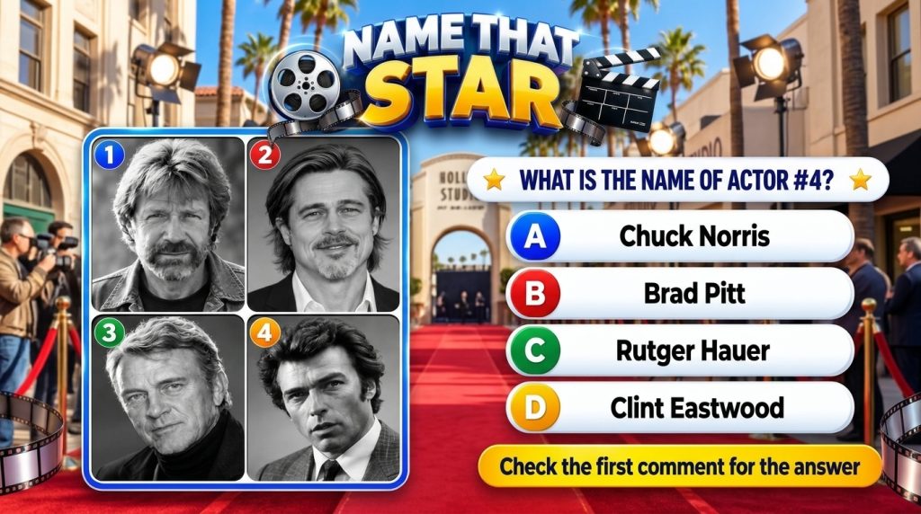 A mobile-style quiz titled NAME THAT STAR featuring a 2x2 grid of black and white portraits of actors against a Hollywoo