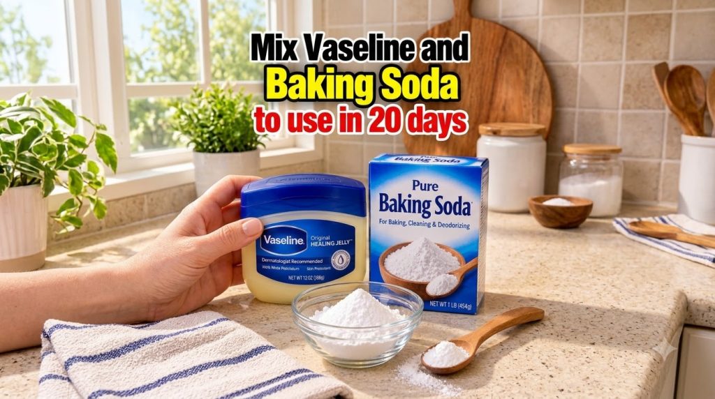 A tub of Vaseline a box of baking soda and a small glass bowl with baking soda powder on a bright kitchen counter A hand