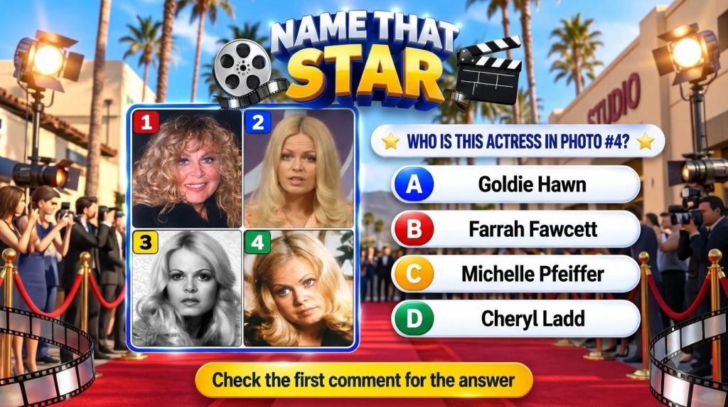 A Name That Star trivia game interface featuring a central panel with four portraits of actresses a question about photo