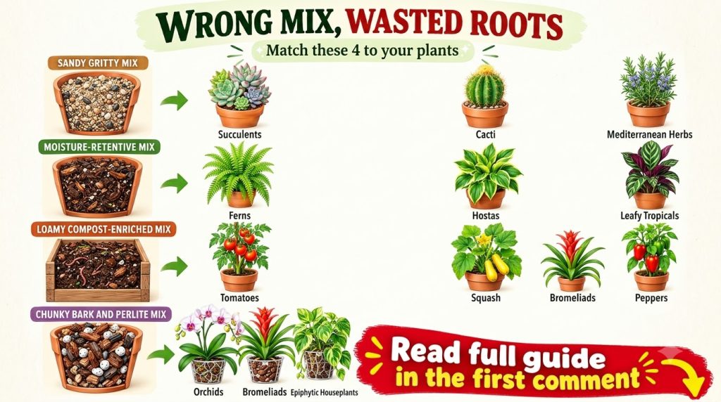 A graphic illustrating four distinct types of potting mixes e g Sandy Gritty Mix Loamy Compost-Enriched Mix with example