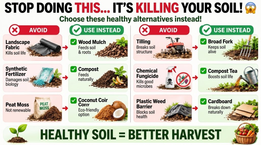 An infographic contrasting six harmful gardening practices with six beneficial sustainable alternatives for maintaining 
