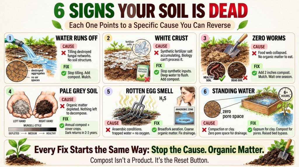 An infographic titled 6 Signs Your Soil Is Dead showing visual examples of unhealthy soil and solutions