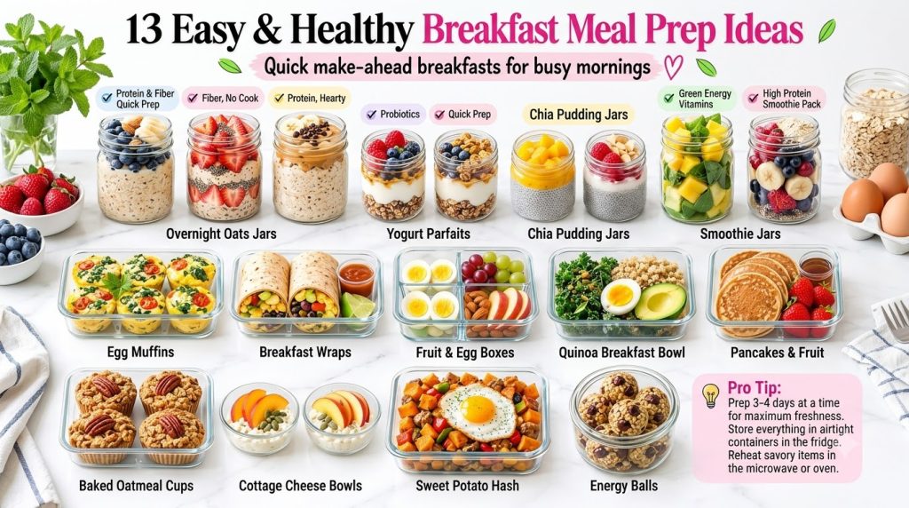 An overhead shot of 13 diverse and healthy breakfast meal prep ideas arranged neatly in clear glass containers on a whit