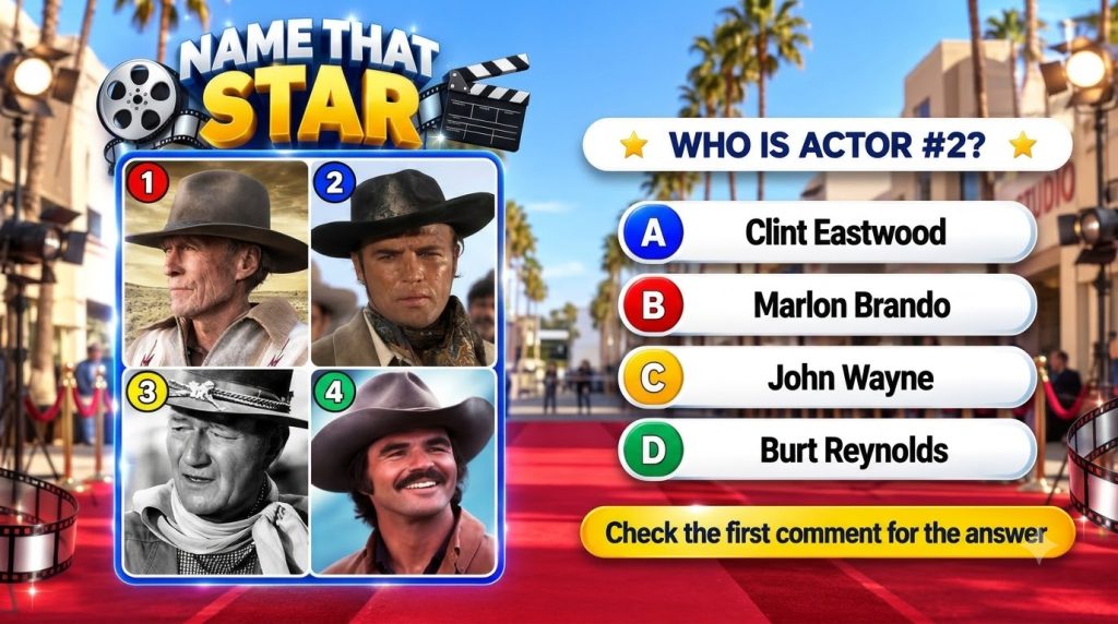 A mobile trivia game interface titled NAME THAT STAR with a Hollywood red carpet background It shows four portraits of c