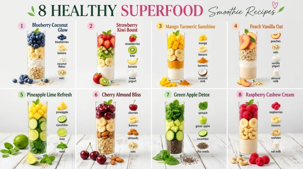 An infographic titled 8 HEALTHY SUPERFOOD Smoothie Recipes showing eight different layered smoothies in clear glasses wi