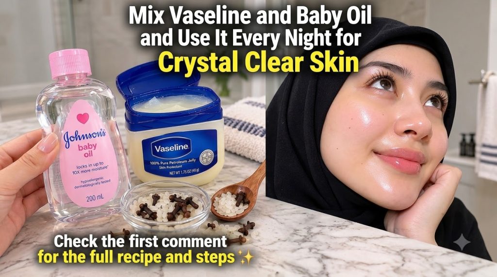 A split image The top panel shows a woman with radiant dewy skin looking upwards wearing a black hijab against a blurred