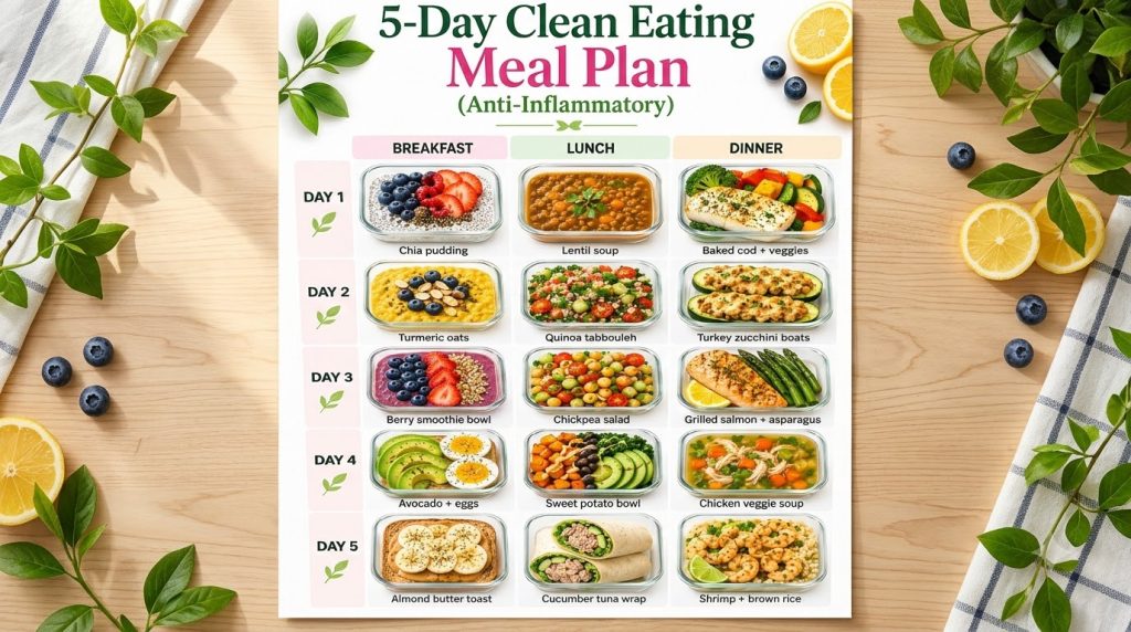 A grid showcasing 15 different healthy meals organized by day 1-5 and meal type Breakfast Lunch Dinner Each meal is in a