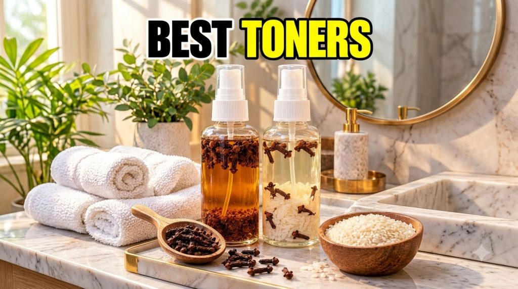 Two transparent spray bottles containing liquid infusions with cloves and rice surrounded by scattered cloves and rice o