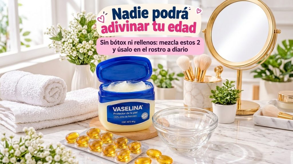 A close-up flat lay of DIY beauty ingredients on a marble surface featuring a jar of petroleum jelly a blister pack of g