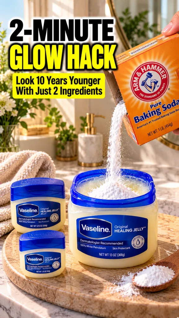 A hand pouring baking soda from an Arm Hammer box into a large tub of Vaseline Original Healing Jelly with two smaller V