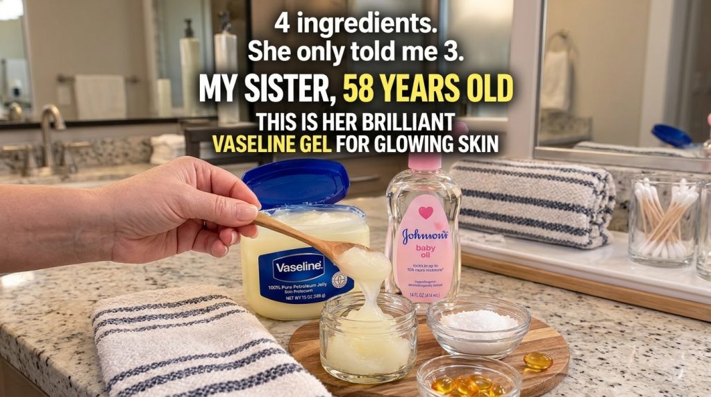 A hand scooping Vaseline from a large tub into a smaller glass jar with a wooden spoon with baby oil and golden vitamin 