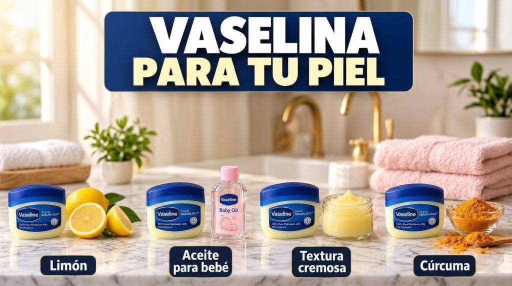 A vertical collage showcasing Vaseline Original Healing Jelly alongside lemons Vaseline Baby Oil a creamy texture in a j