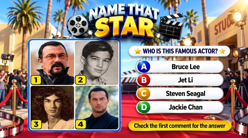 A mobile game interface titled NAME THAT STAR featuring a grid of four photos of Steven Seagal at different ages with a 