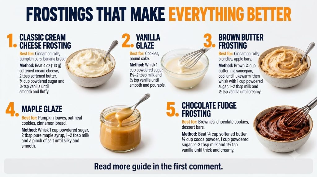An infographic titled Frostings That Make Everything Better displaying five different frosting and glaze recipes with im