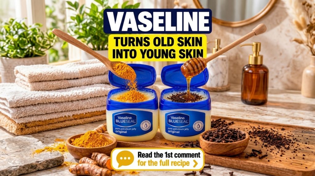 A close-up shot of an open jar of Vaseline with turmeric powder being mixed in Raw turmeric roots and scattered turmeric