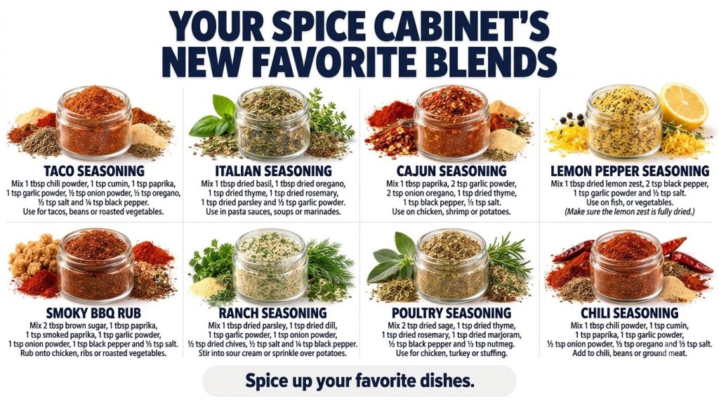 A flat lay of small glass jars filled with various dried homemade spice blends like Taco Seasoning Italian Seasoning and