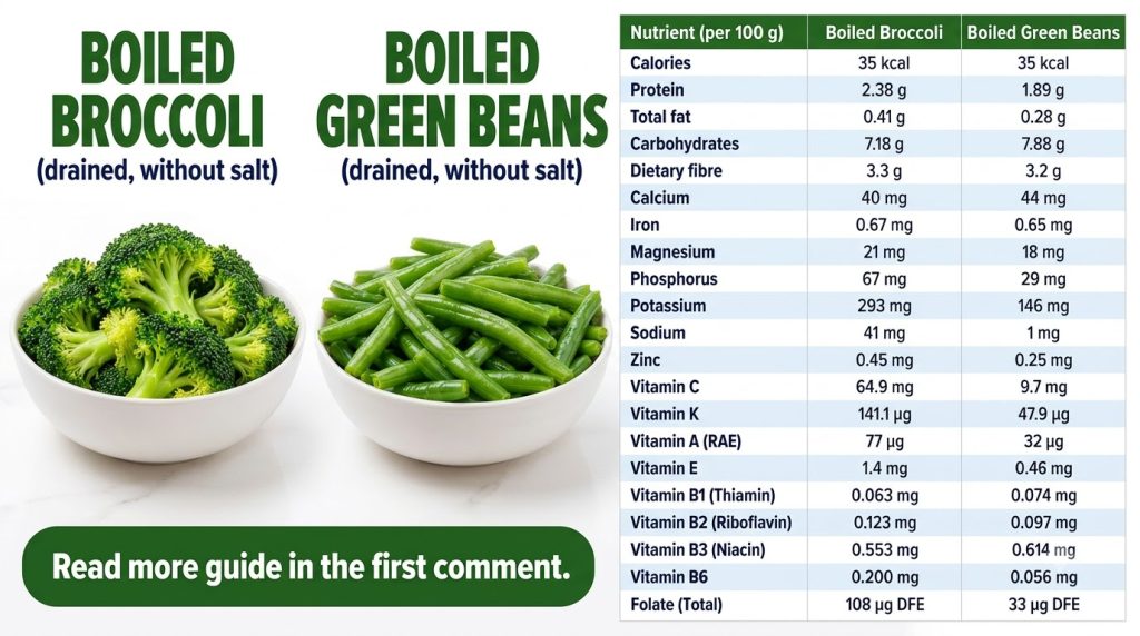 A nutrition infographic comparing boiled broccoli and boiled green beans Two white bowls one with broccoli and one with