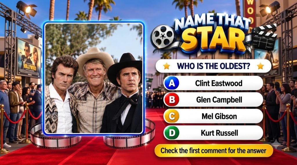 A game interface titled Name That Star featuring young Clint Eastwood Glen Campbell and Mel Gibson with the question WHO