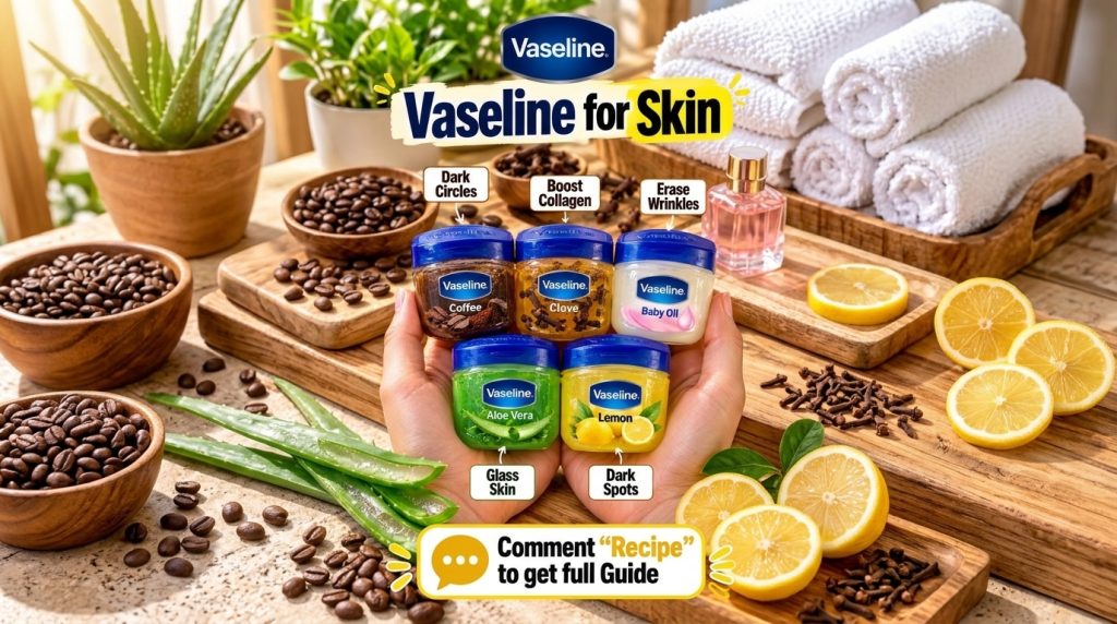 Five small Vaseline jars each customized with natural ingredients like coffee cloves baby oil aloe vera and lemon Natura