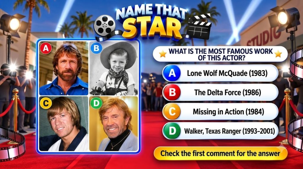 Quiz graphic titled NAME THAT STAR featuring four portraits of Chuck Norris from different life stages against a Hollywo