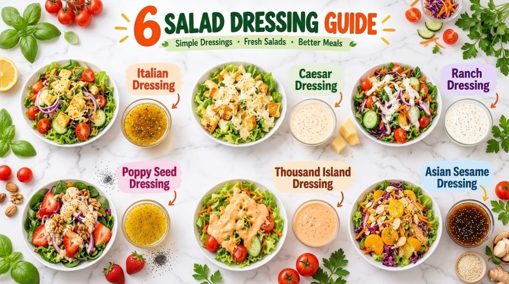 A visually appealing layout of six distinct salads in white bowls on the left paired with their corresponding clear glas