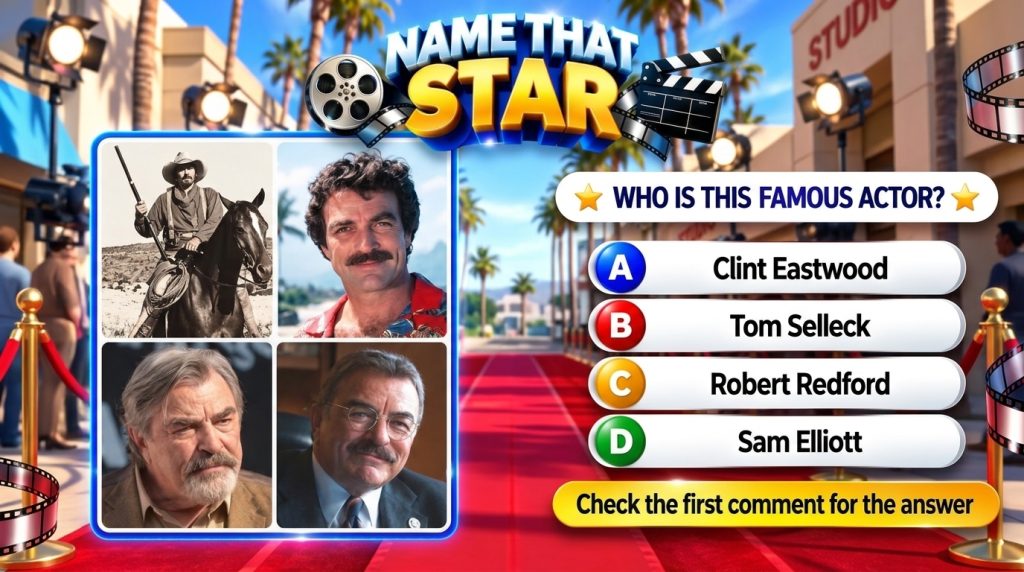 A screenshot of a mobile trivia game titled NAME THAT STAR showing four photos of Tom Selleck and multiple-choice option