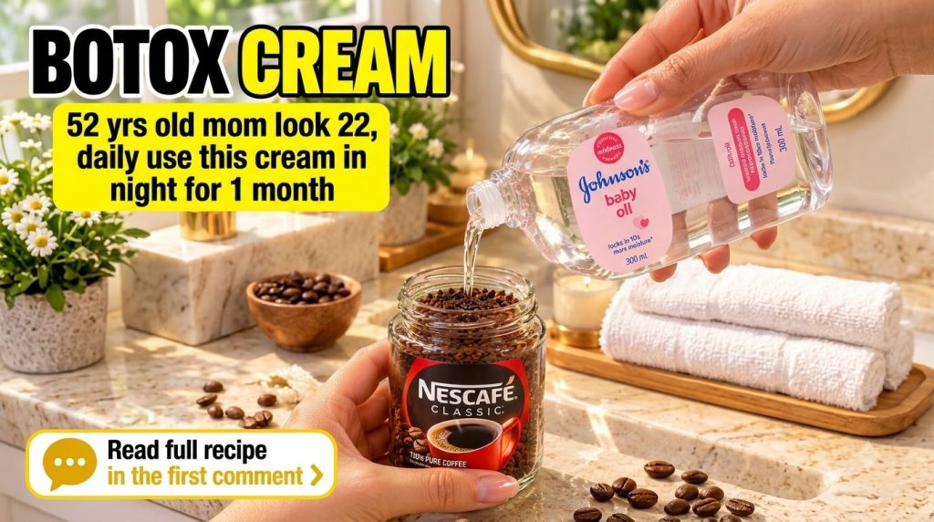 Hands pouring baby oil into a jar of coffee granules on a bathroom vanity with scattered coffee beans a candle and a pla