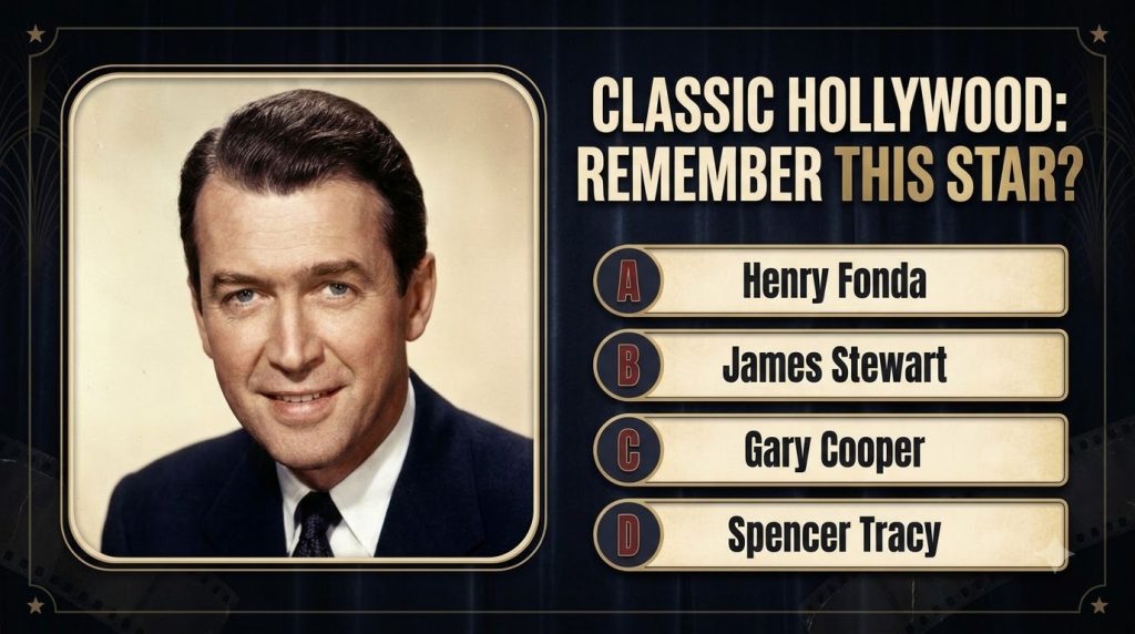 Quiz image showing a headshot of James Stewart with a question about Rear Window and three answer options Henry Fonda Ja