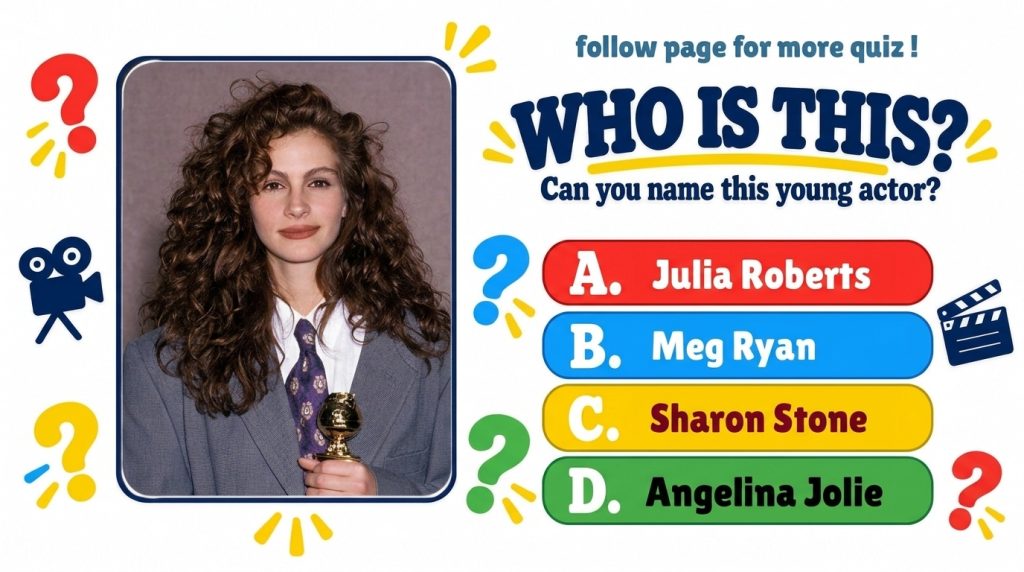 A vertical quiz graphic featuring a young Julia Roberts with her characteristic curly hair wearing a suit and tie and ho