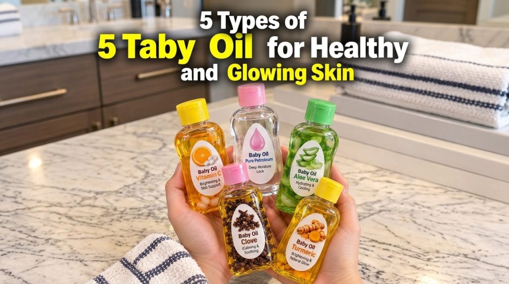 Five small bottles of baby oil each showcasing a different natural ingredient like Vitamin C Pure Petroleum Aloe Vera Cl