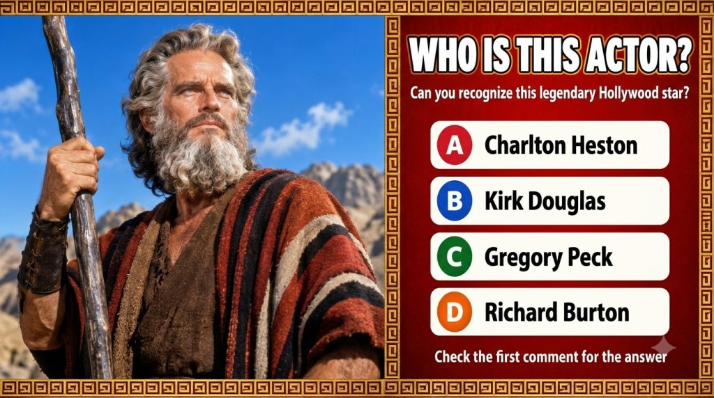 Charlton Heston as Moses from The Ten Commandments with a long grey beard and hair holding a staff against a bright blue