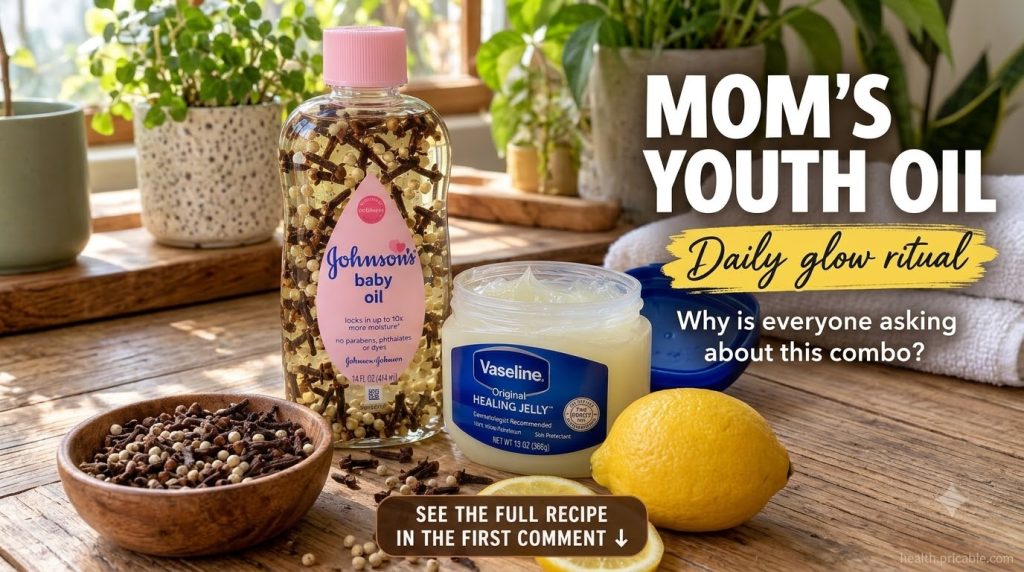 A close-up of a glass bottle of baby oil infused with cloves and peppercorns next to an open jar of Vaseline on a wooden