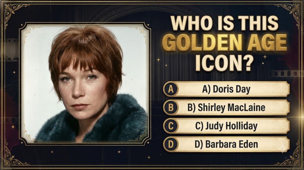 Quiz image showing Shirley MacLaine as frame 1 a youthful studio portrait with short reddish-brown hair and a dark colla