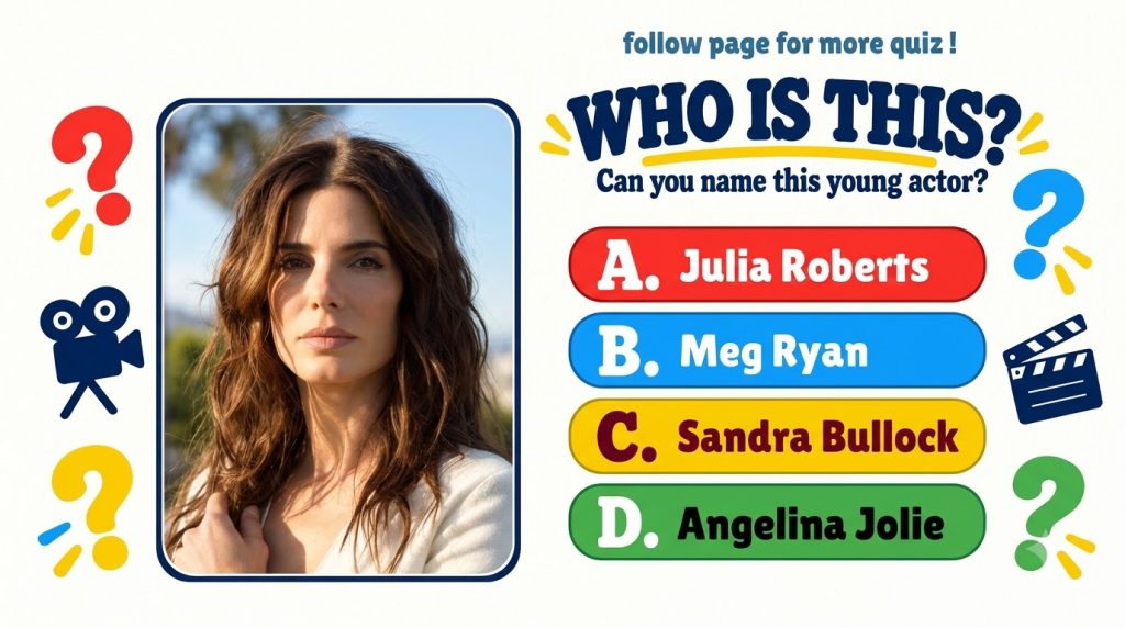 A vibrant social media quiz graphic featuring a portrait of Sandra Bullock with question marks movie icons and multiple-