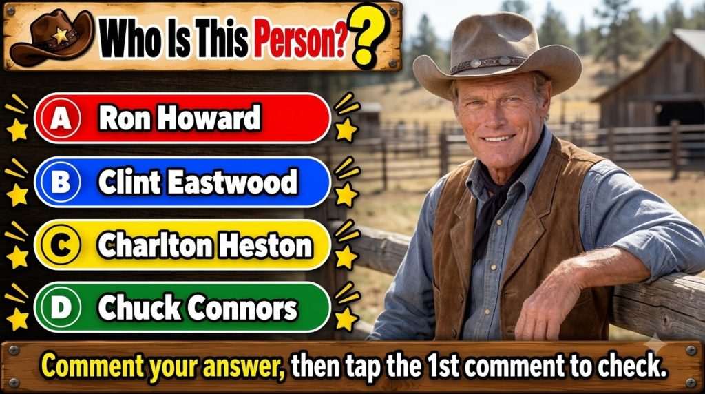 A social media quiz card featuring four headshots of Clint Eastwood in a cowboy hat and western attire with the question