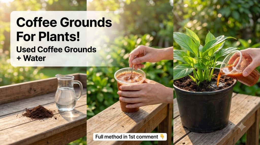 Hands stirring a reddish-brown frothy wellness drink in a clear plastic cup with a metal spoon set against a green blurr