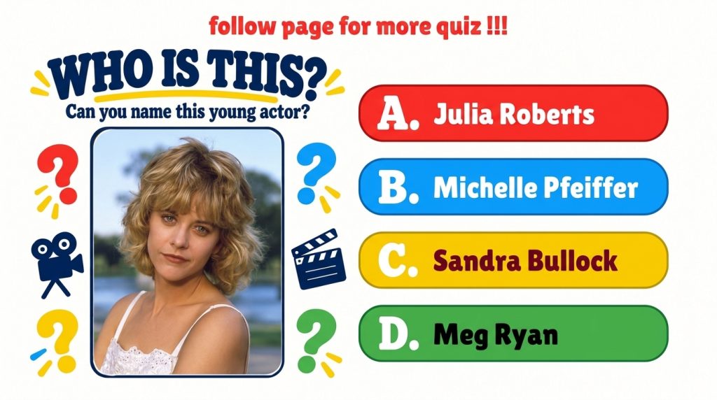 A retro-style quiz poster featuring a portrait of actress Meg Ryan with blonde wavy hair and a white lace top set agains