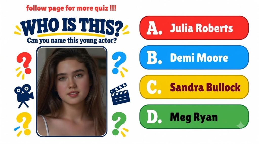 A quiz poster featuring a headshot of a young Demi Moore with long dark hair asking WHO IS THIS Can you name this young 