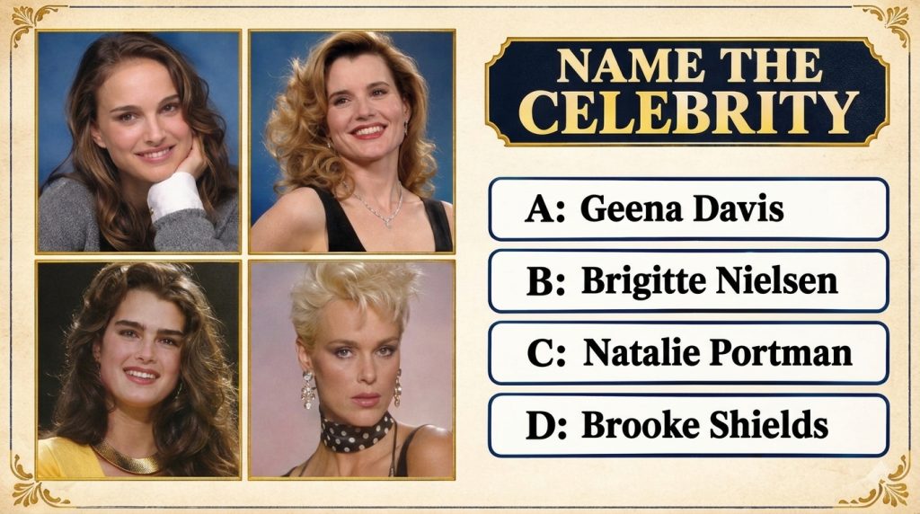 A 2x2 grid of four celebrity portraits Natalie Portman Geena Davis Brooke Shields and Brigitte Nielsen Each portrait is 