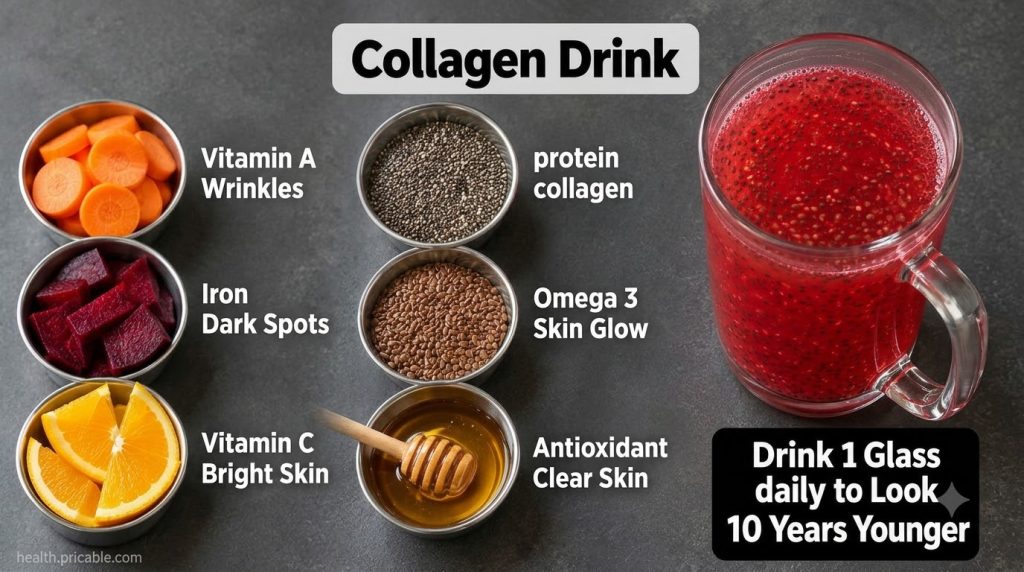 A flat lay of fresh ingredients for a collagen drink sliced carrots beetroot orange wedges small bowls of chia seeds and
