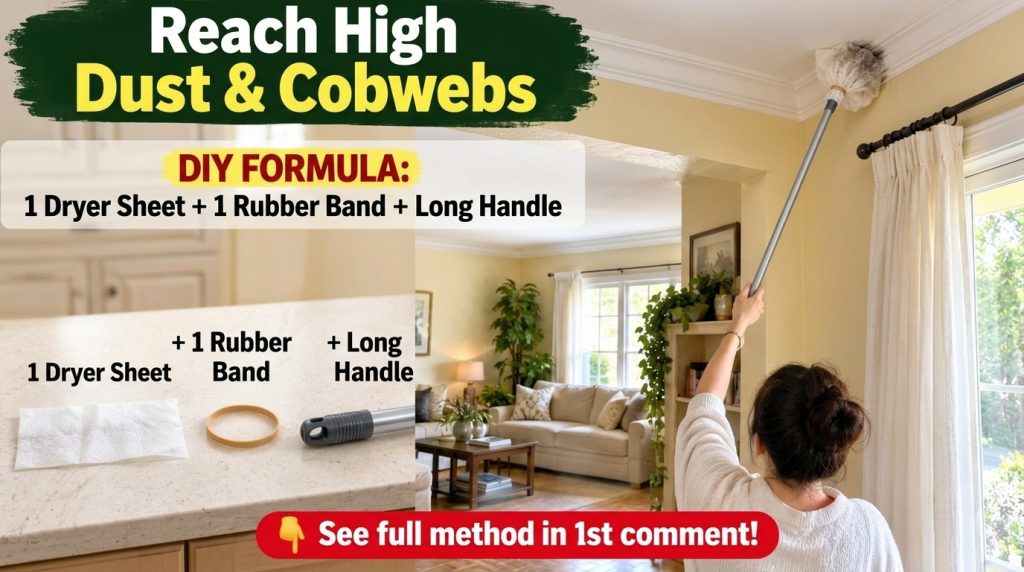 A person using a long-handled duster to clean a high corner where the wall meets the ceiling and above curtains in a bri