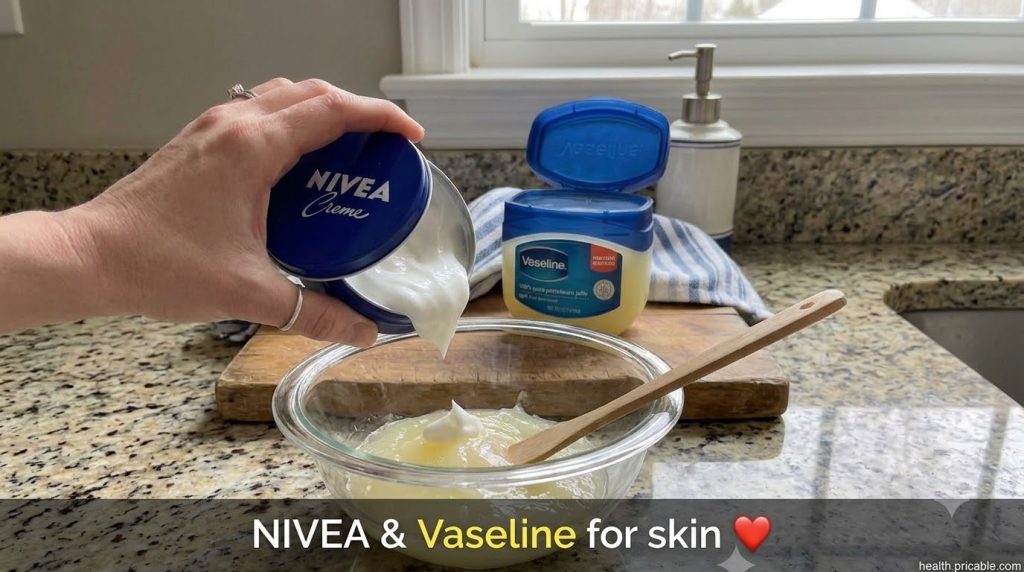 A hand mixing Nivea cream and Vaseline in a glass bowl with a wooden spatula replicating the source image s mixing proce