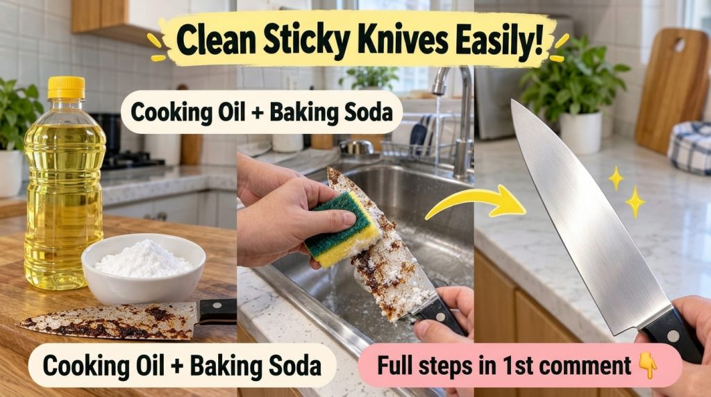 A hand holding a kitchen knife blade directly over a gas stove flame showing the residue on the blade heating up