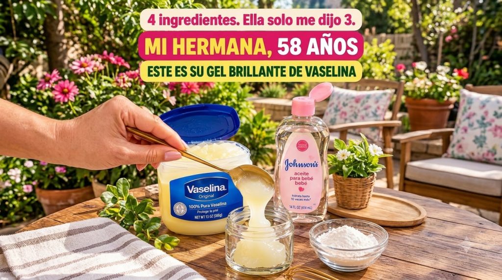 A hand using a golden spoon to scoop Vaseline into a small glass container on a wooden table next to a bottle of baby oi