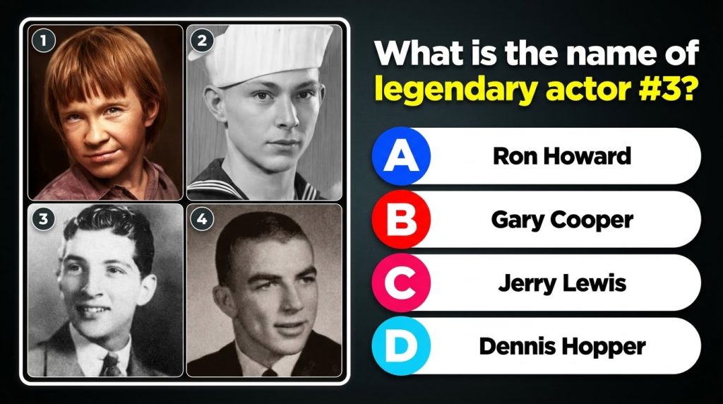 A quiz layout featuring four square portraits of young individuals arranged in a 2x2 grid with a question below What is 
