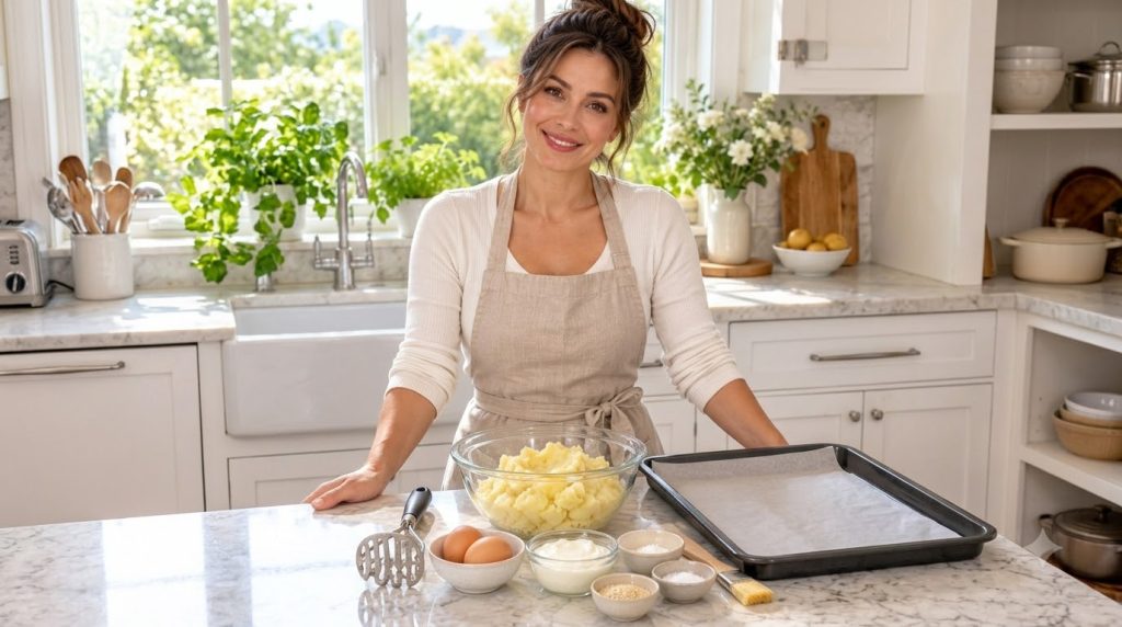 Golden brown fluffy flourless potato buns on a cooling rack with one bun split open to show its soft interior