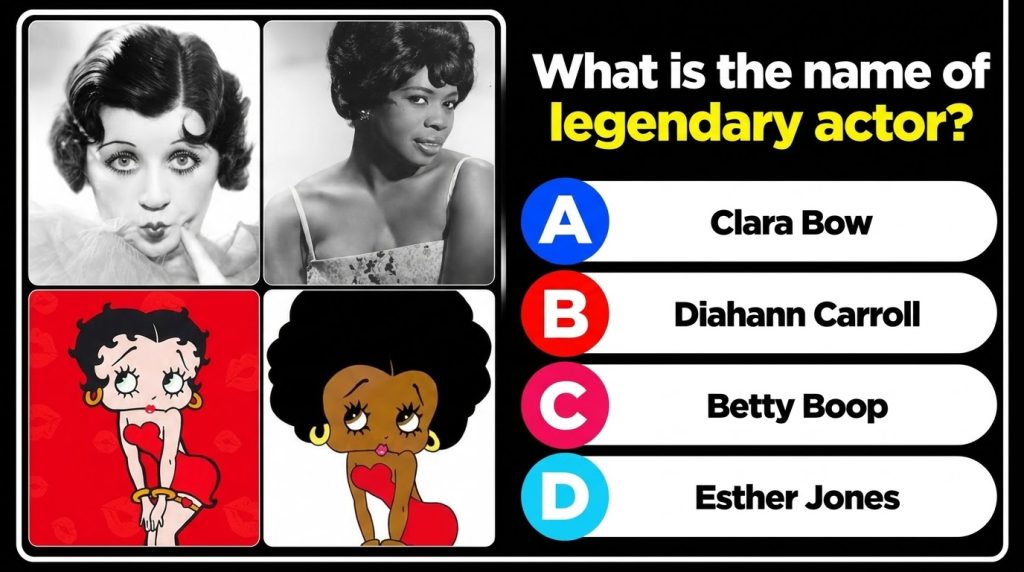 A quiz graphic featuring a four-panel collage at the top The top two panels show black and white portraits of Clara Bow 