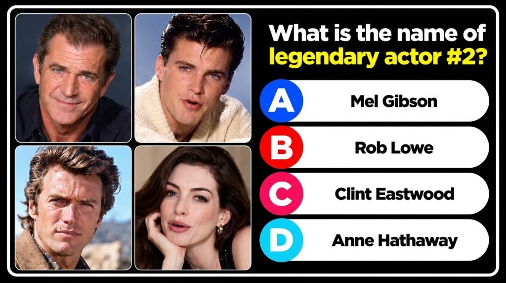 A quiz graphic with four celebrity portraits and a question Can You Recognize This Person