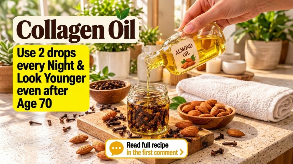 A hand pouring almond oil from a bottle into a glass jar filled with whole cloves and oil with scattered almonds and bow
